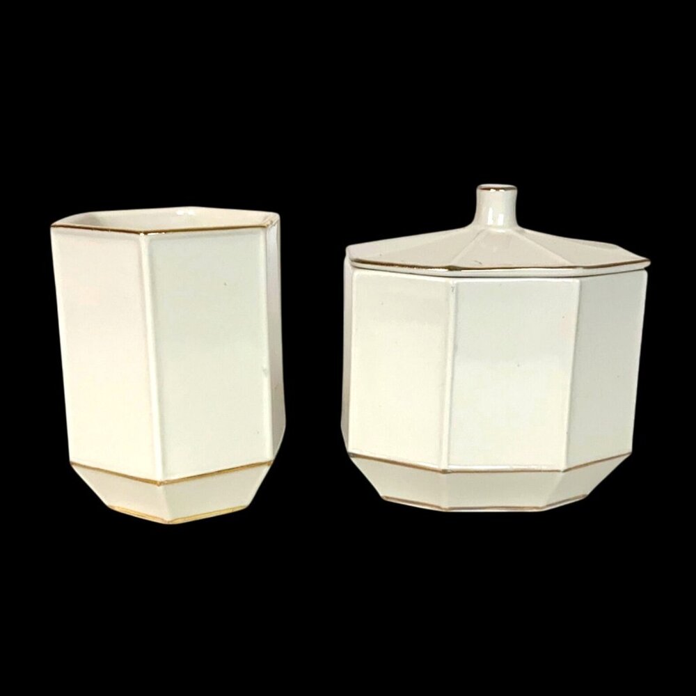 Kassatex St Honore White Gold Octagonal Ceramic Tumbler & Cotton Jar Set